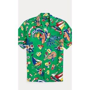 Polo Ralph Lauren Polo BEAR Surfing Hawaiian Shirt Mens Large NWT Green Floral